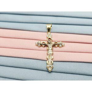 Amazing 14K Two Tone Multi Color Gold Religious Jesus on Cross CZ Charm Pendant